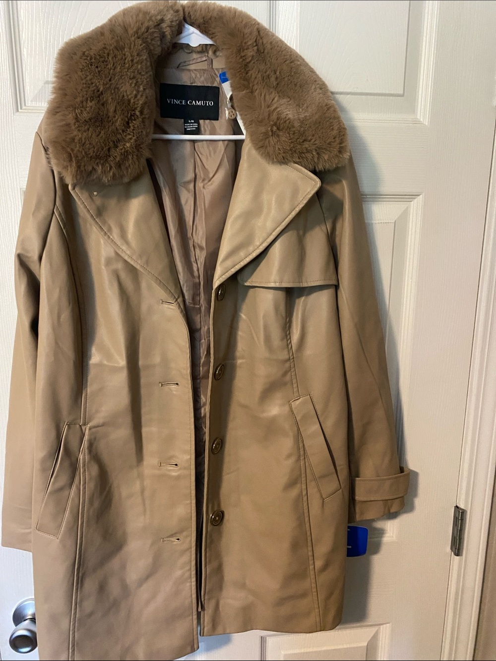 Vince Camuto Tan Leather Trench Coat with Faux Fur Collar missing belt
